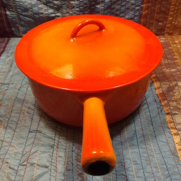 Vintage Orange Enameled Cast Iron Sauce Pan With Lid - Picture 2 of 6